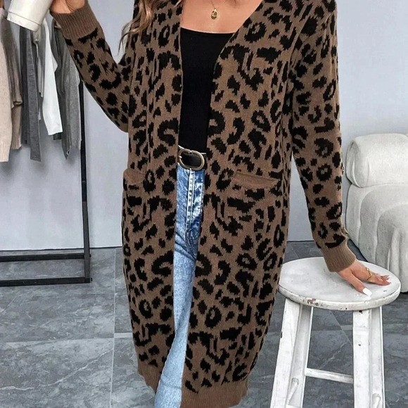 Brown Casual Women's Long Sleeve Leopard Print Long Cardigan Sweater - Picture 4 of 6